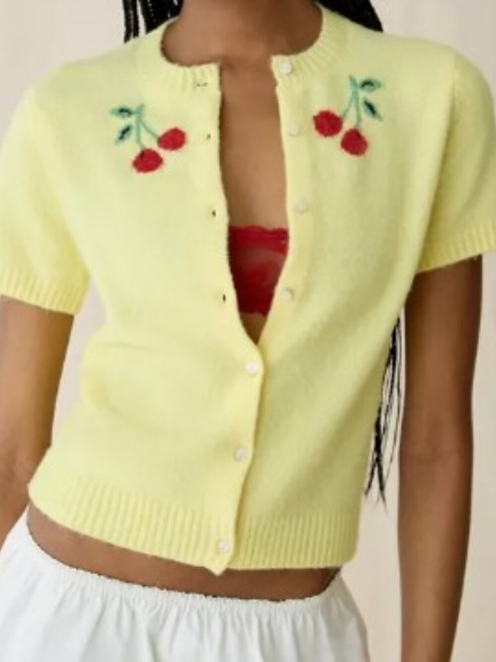 KIMCHI BLUE x URBAN OUTFITTERS Cherry Knit Sweater Top in Yellow Sz LARGE - Picture 5 of 5